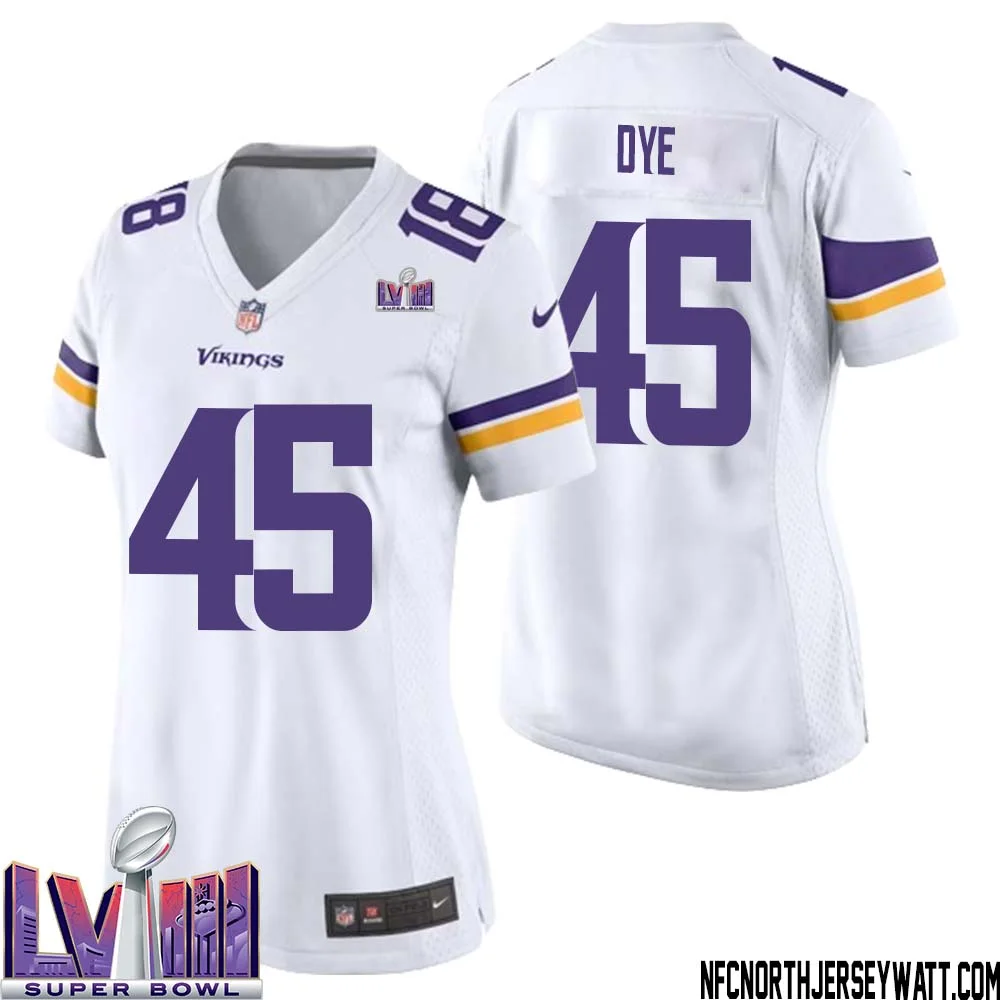 Troy Dye No 45 Minnesota Vikings Super Bowl LVIII Away Game Jersey White for Women 1