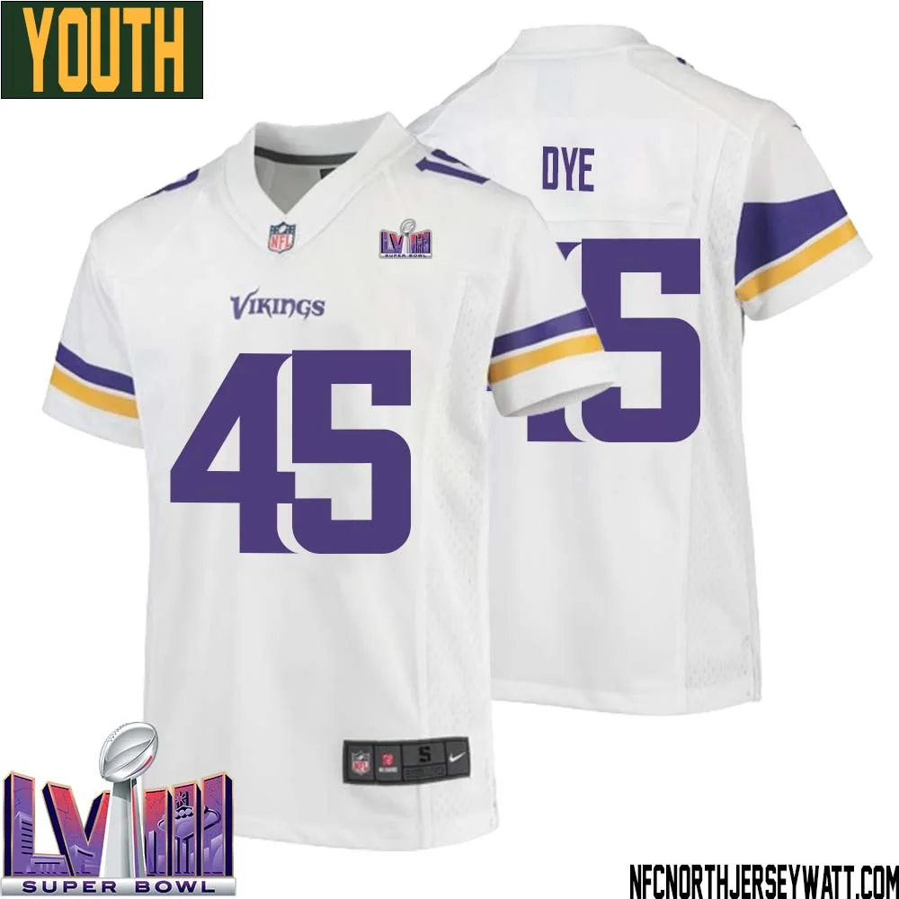 Troy Dye No 45 Minnesota Vikings Super Bowl LVIII Away Game Jersey White for Youth 1