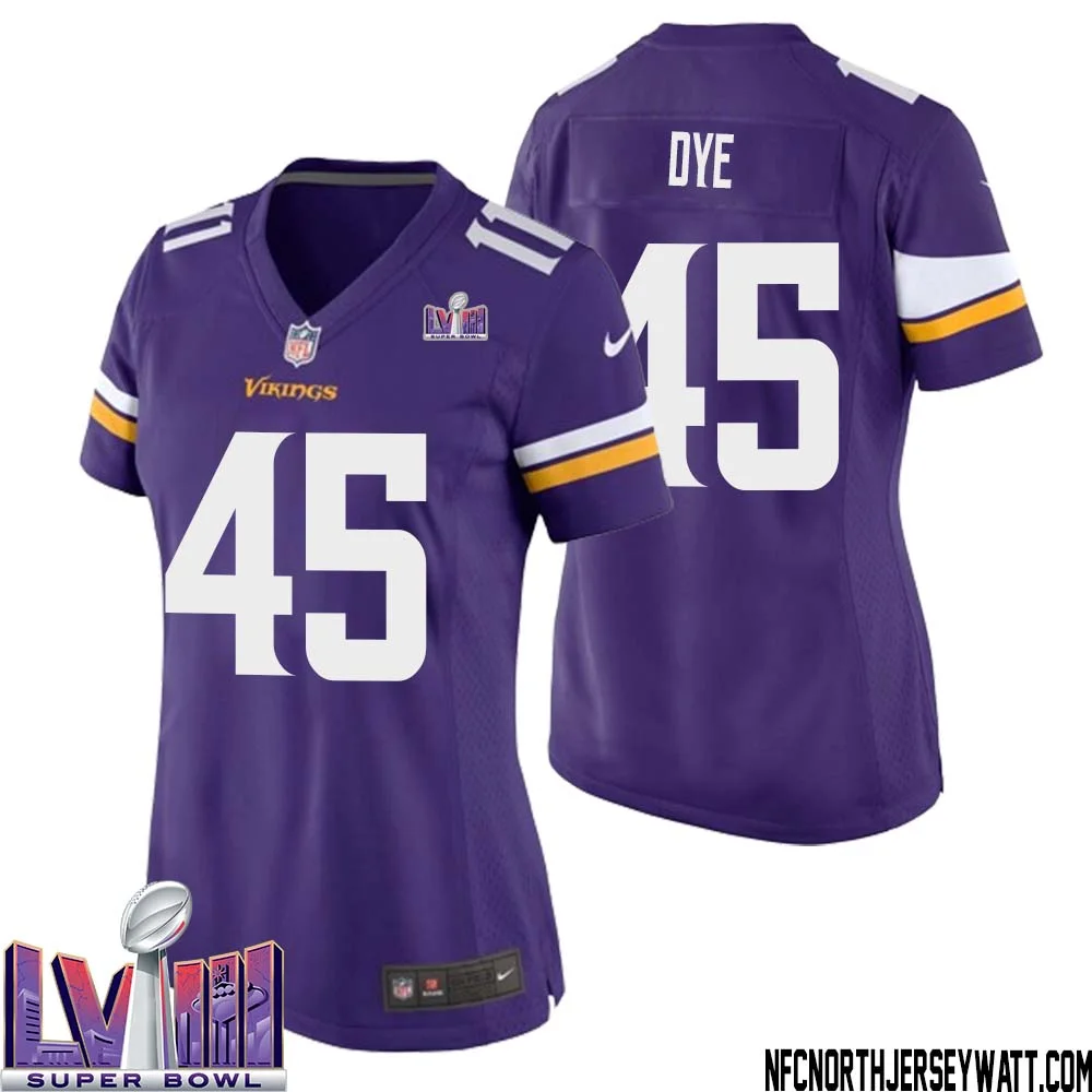 Troy Dye No 45 Minnesota Vikings Super Bowl LVIII Home Game Jersey Court Purple for Women 1