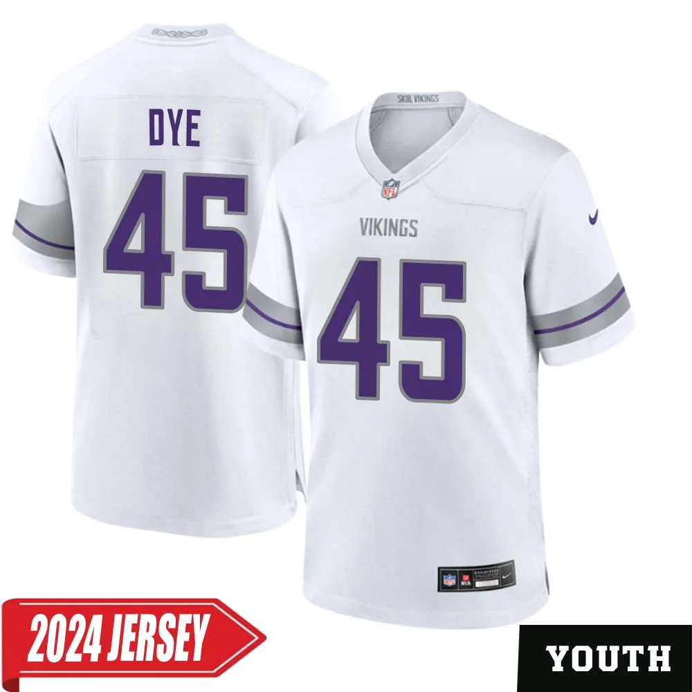 Troy Dye No 45 Youth s Minnesota Vikings White Alternate Custom Game 2024 Jersey