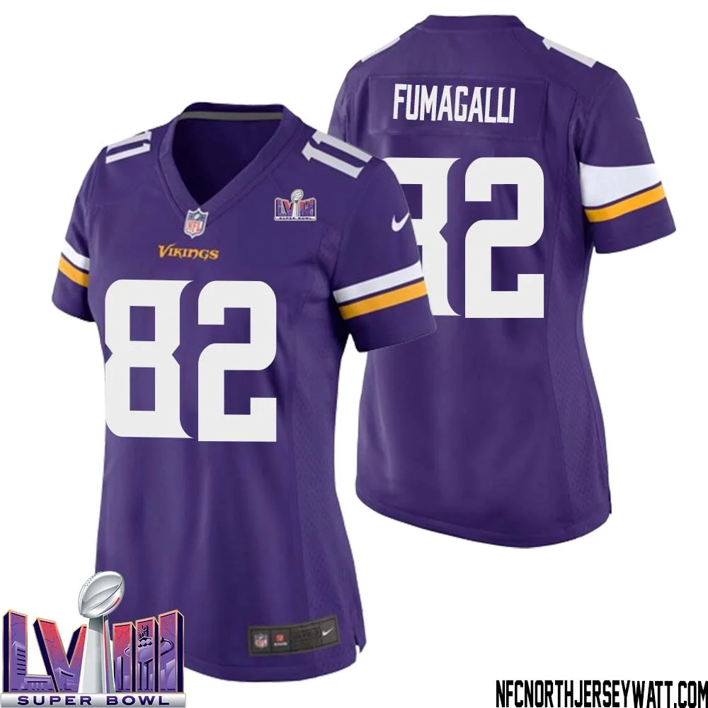 Troy Fumagalli No 82 Minnesota Vikings Super Bowl LVIII Home Game Jersey Court Purple for Women 1