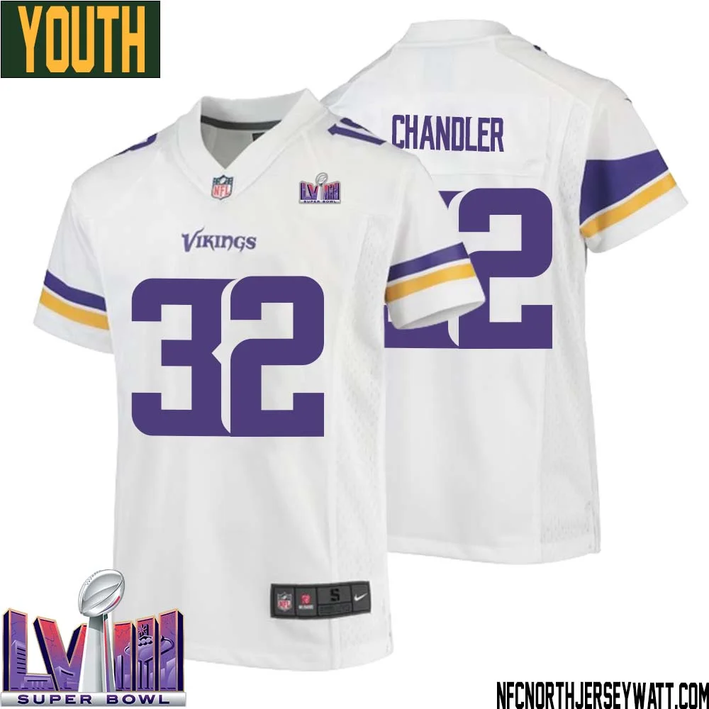 Ty Chandler No 32 Minnesota Vikings Super Bowl LVIII Away Game Jersey White for Youth 1