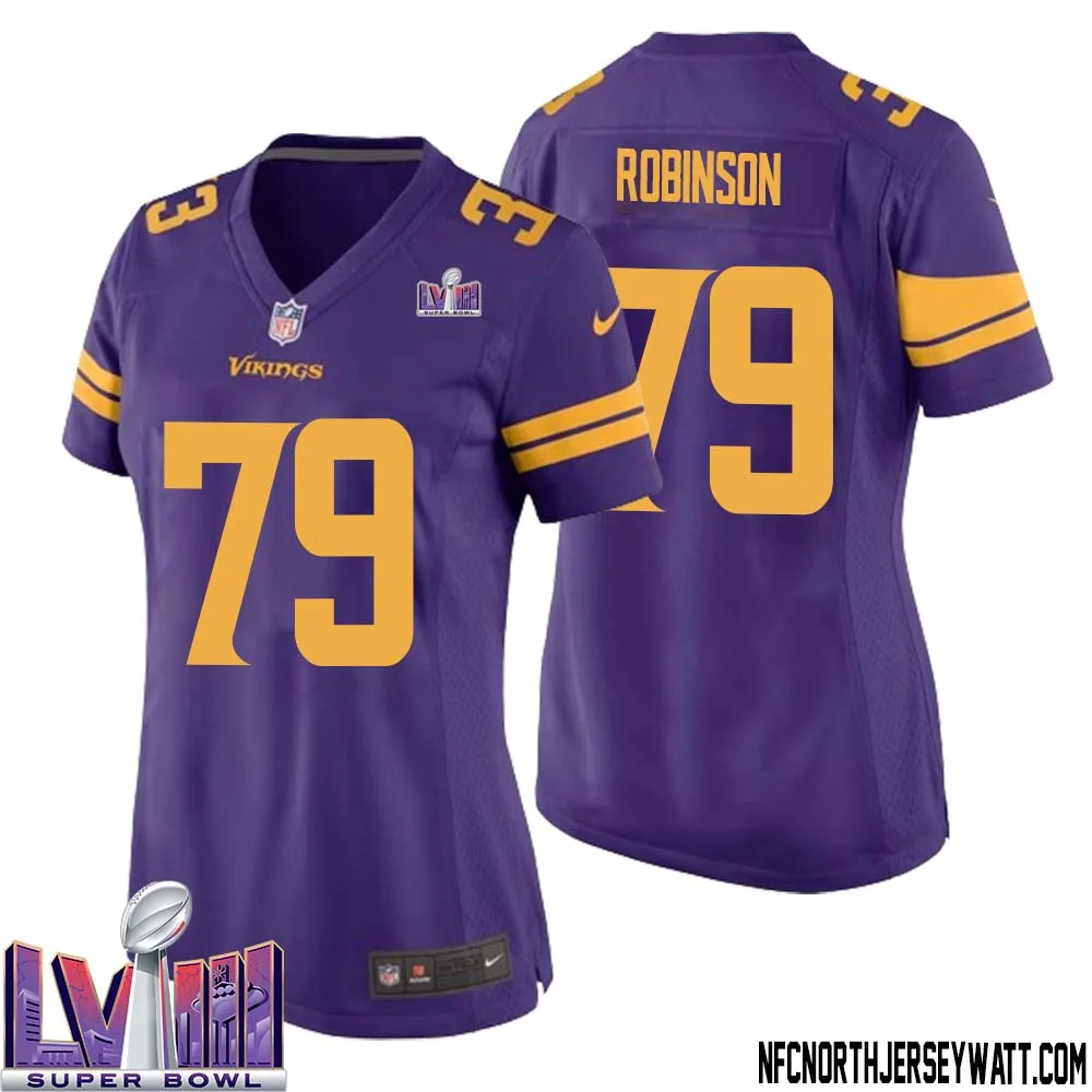 Tyrese Robinson No 79 Minnesota Vikings Super Bowl LVIII Alternate Game Jersey Purple for Women