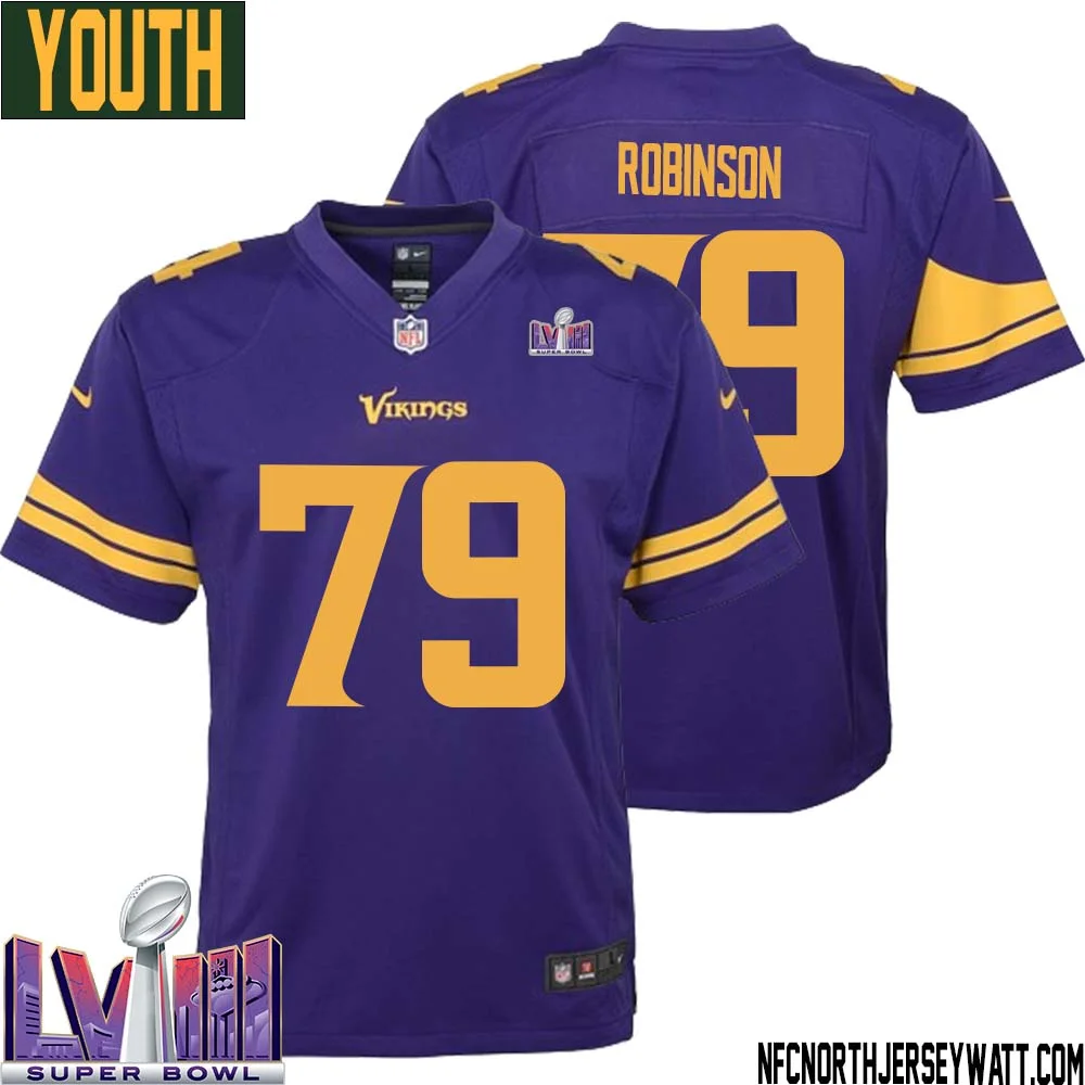 Tyrese Robinson No 79 Minnesota Vikings Super Bowl LVIII Alternate Game Jersey Purple for Youth