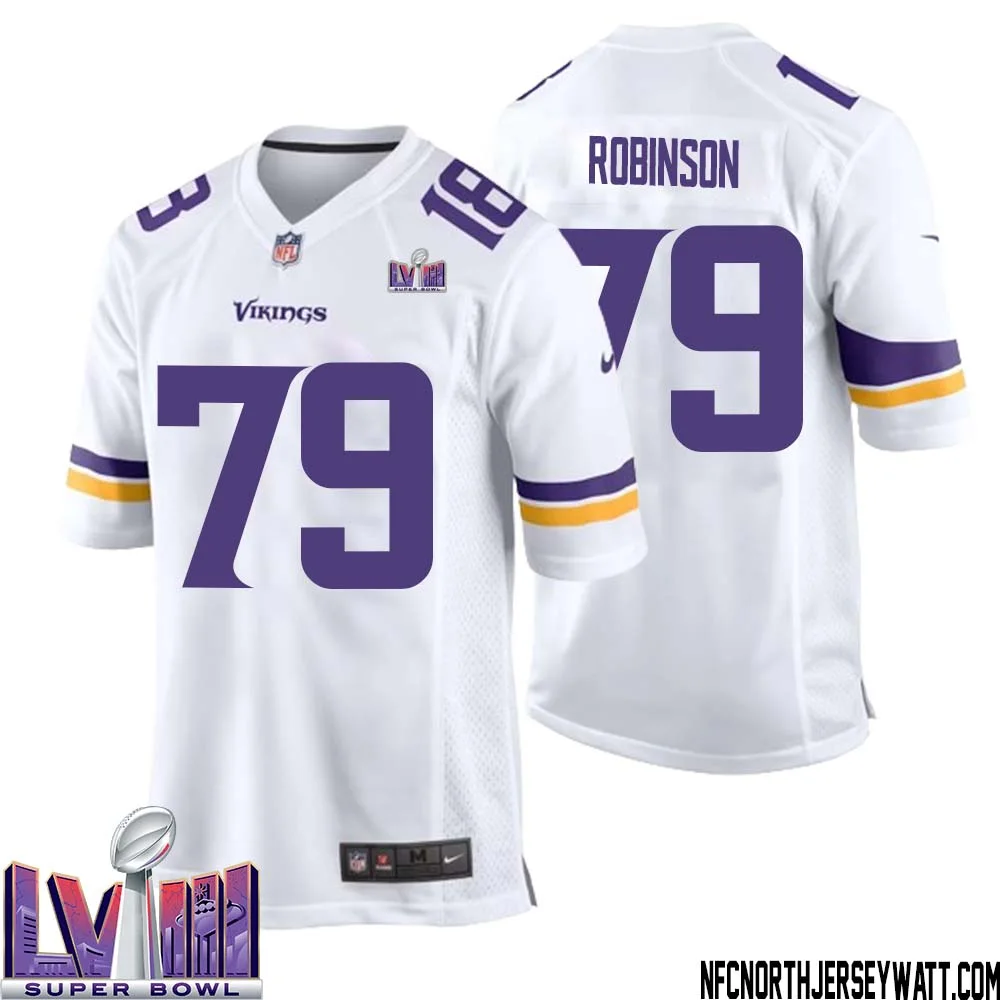 Tyrese Robinson No 79 Minnesota Vikings Super Bowl LVIII Away Game Jersey White for Men 1