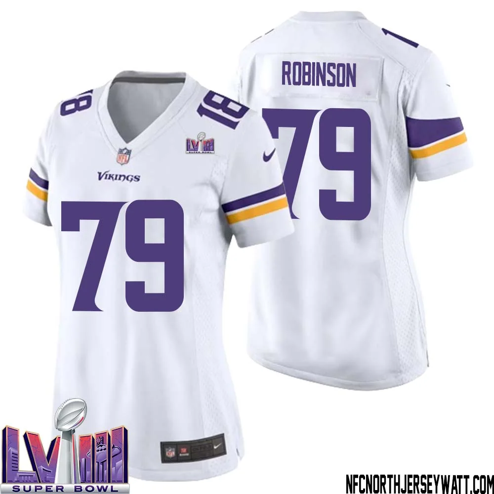 Tyrese Robinson No 79 Minnesota Vikings Super Bowl LVIII Away Game Jersey White for Women