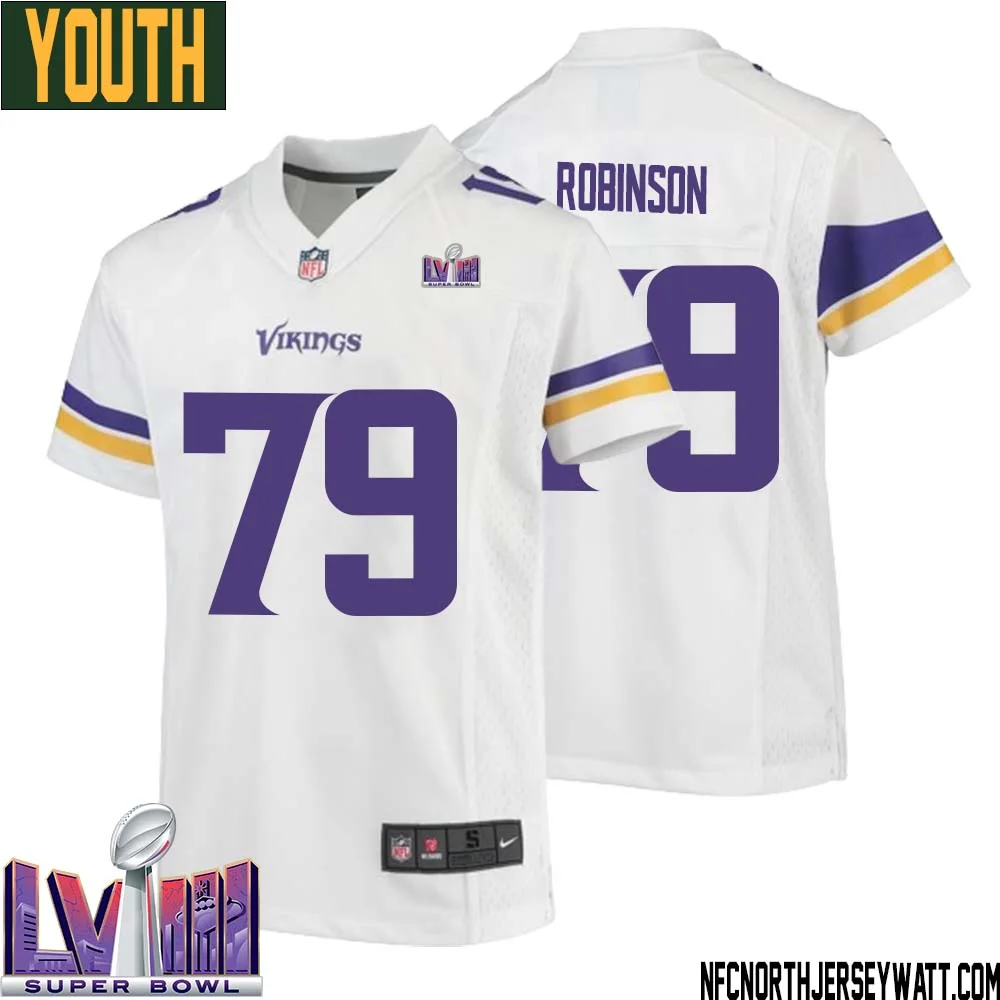 Tyrese Robinson No 79 Minnesota Vikings Super Bowl LVIII Away Game Jersey White for Youth 1