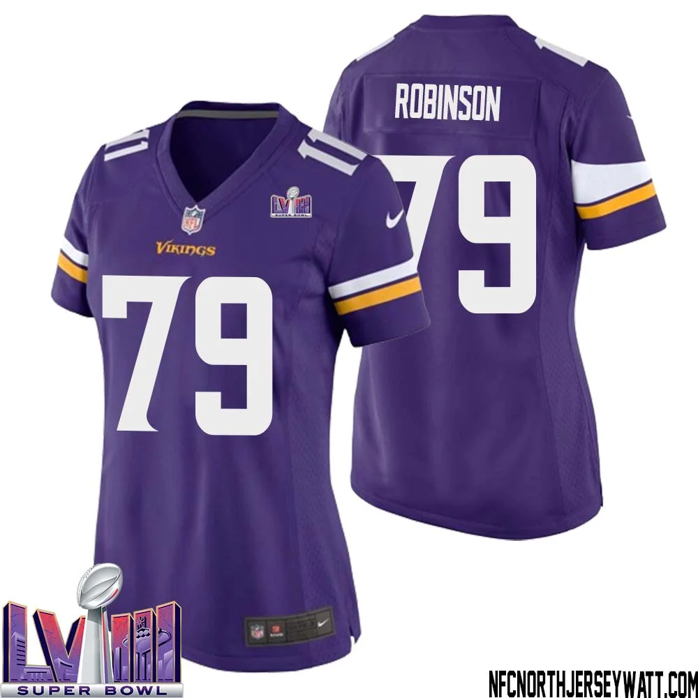 Tyrese Robinson No 79 Minnesota Vikings Super Bowl LVIII Home Game Jersey Court Purple for Women