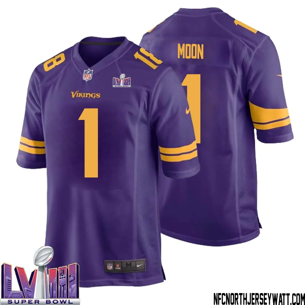 Warren Moon No 1 Minnesota Vikings Super Bowl LVIII Alternate Game Jersey Purple for Men 1
