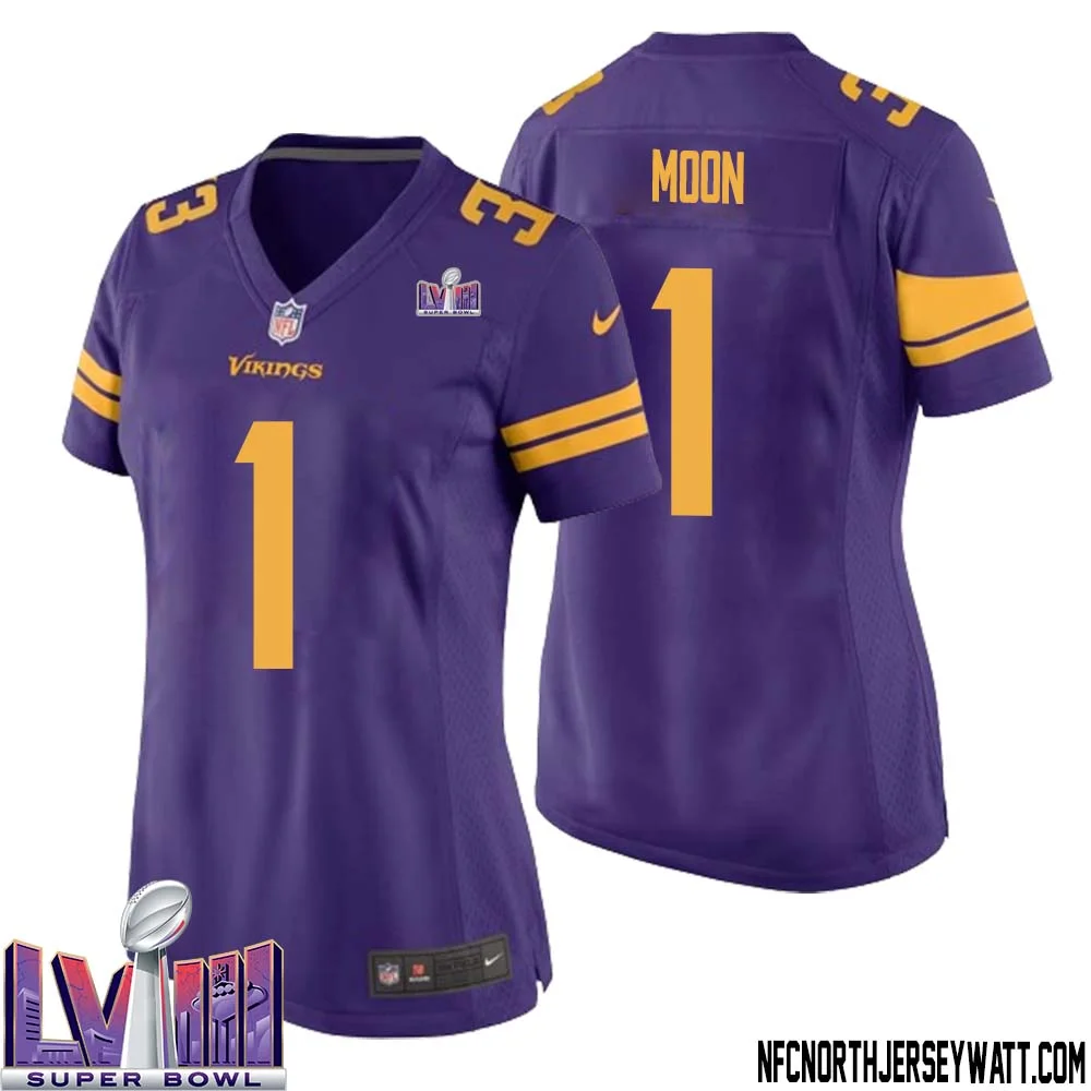 Warren Moon No 1 Minnesota Vikings Super Bowl LVIII Alternate Game Jersey Purple for Women 1