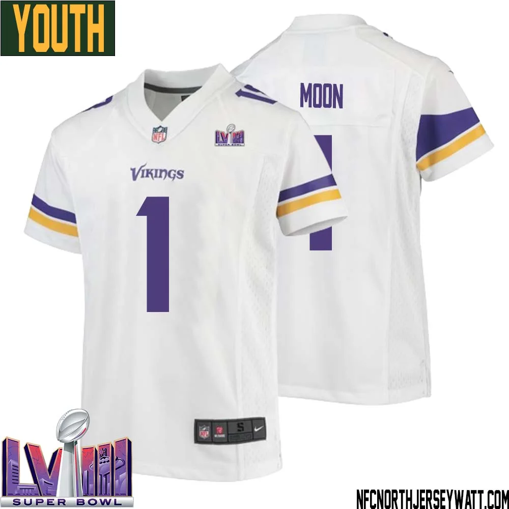 Warren Moon No 1 Minnesota Vikings Super Bowl LVIII Away Game Jersey White for Youth 1