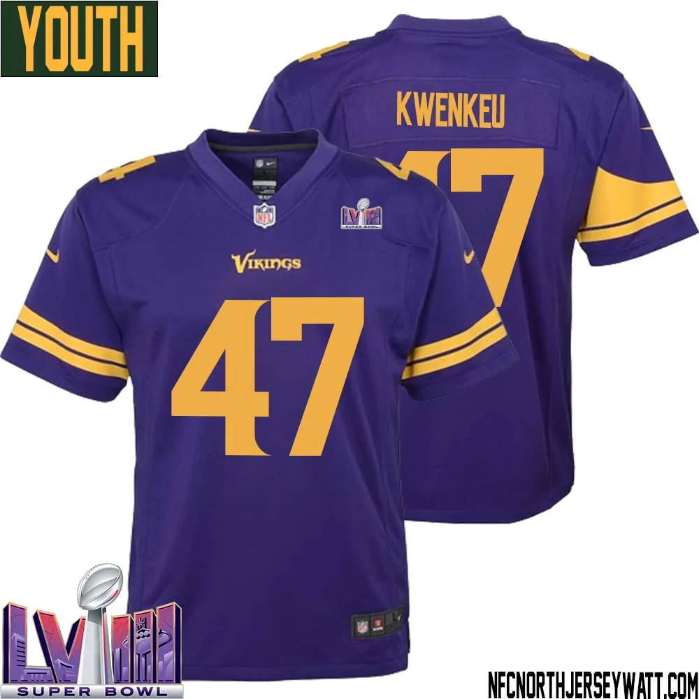 William Kwenkeu No 47 Minnesota Vikings Super Bowl LVIII Alternate Game Jersey Purple for Youth