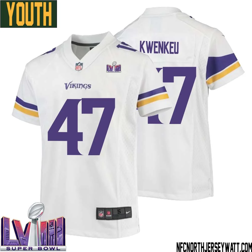 William Kwenkeu No 47 Minnesota Vikings Super Bowl LVIII Away Game Jersey White for Youth