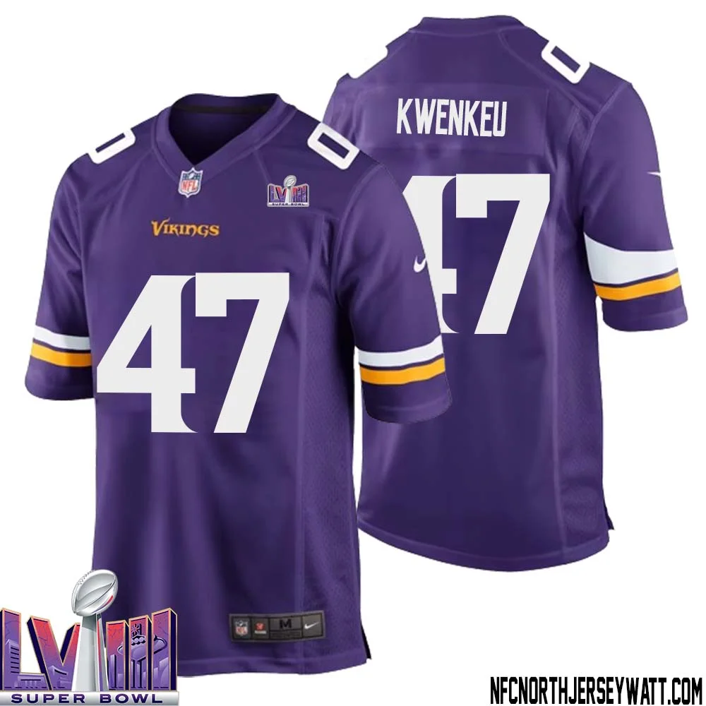 William Kwenkeu No 47 Minnesota Vikings Super Bowl LVIII Home Game Jersey Court Purple for Mens 1