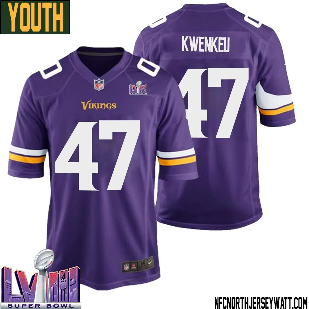 William Kwenkeu No 47 Minnesota Vikings Super Bowl LVIII Home Game Jersey Court Purple for Youth 1